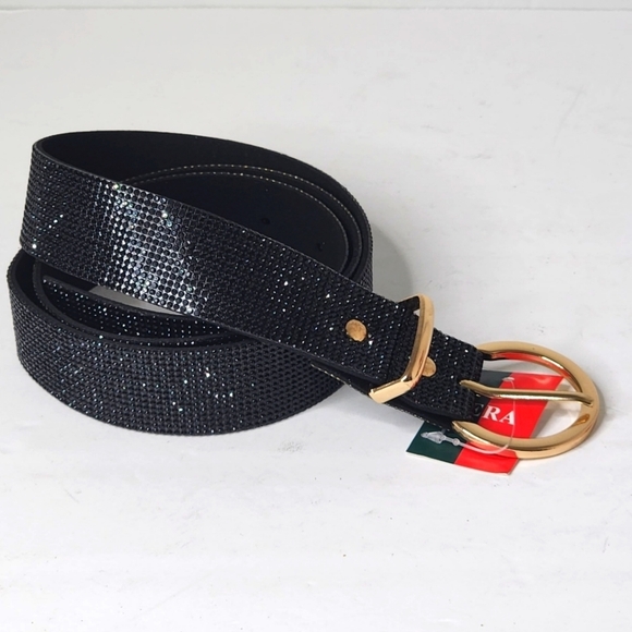 Vera Black Rhinestones Belt with Gold Round Buckle 43" - Picture 6 of 8